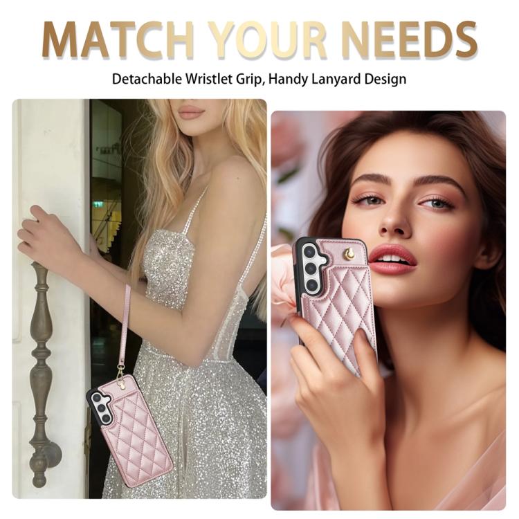 For Samsung Galaxy S25 5G Rhombic Dual Buckle Card Slots Phone Case with Lanyard(Rose Gold) - Galaxy S25 5G Cases by PMC Jewellery | Online Shopping South Africa | PMC Jewellery | Buy Now Pay Later Mobicred