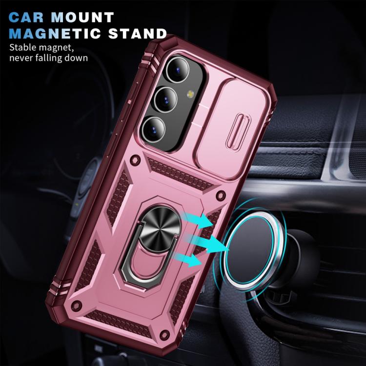 For Samsung Galaxy S25+ 5G Sliding Camshield TPU Hybrid PC Phone Case with Holder(Pink+Rose Red) - Galaxy S25+ 5G Cases by PMC Jewellery | Online Shopping South Africa | PMC Jewellery | Buy Now Pay Later Mobicred