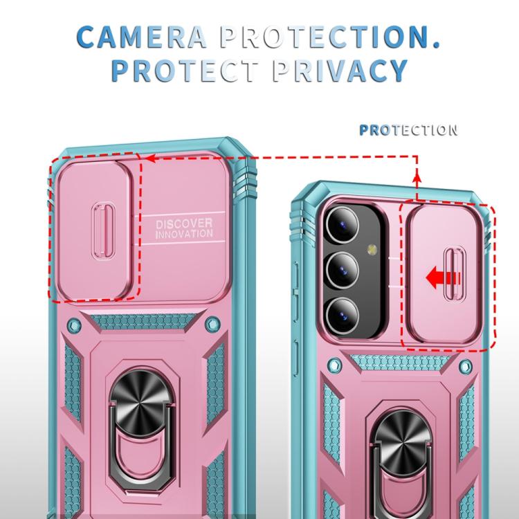 For Samsung Galaxy S25 5G Sliding Camshield TPU Hybrid PC Phone Case with Holder(Pink+Green) - Galaxy S25 5G Cases by PMC Jewellery | Online Shopping South Africa | PMC Jewellery | Buy Now Pay Later Mobicred