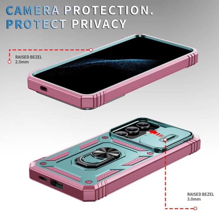 For Samsung Galaxy S25 5G Sliding Camshield TPU Hybrid PC Phone Case with Holder(Green+Pink) - Galaxy S25 5G Cases by PMC Jewellery | Online Shopping South Africa | PMC Jewellery | Buy Now Pay Later Mobicred