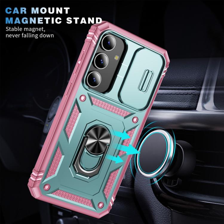 For Samsung Galaxy S25 5G Sliding Camshield TPU Hybrid PC Phone Case with Holder(Green+Pink) - Galaxy S25 5G Cases by PMC Jewellery | Online Shopping South Africa | PMC Jewellery | Buy Now Pay Later Mobicred