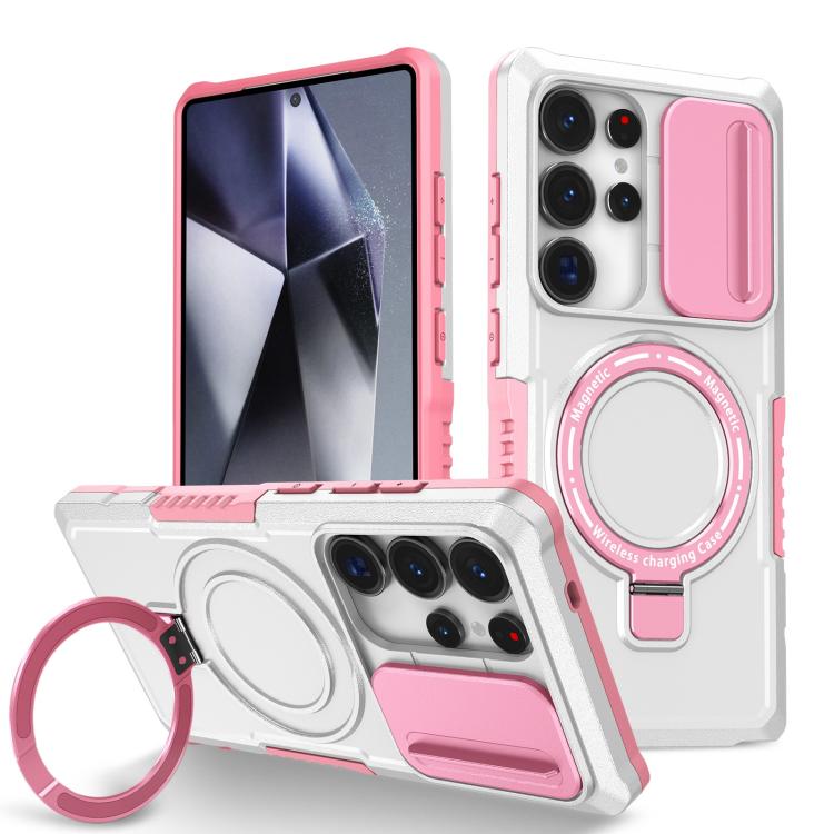For Samsung Galaxy S25 Ultra 5G Sliding Camshield MagSafe Holder TPU Hybrid PC Phone Case(Pink White) - Galaxy S25 Ultra 5G Cases by PMC TechLife | Online Shopping South Africa | PMC TechLife | Buy Now Pay Later Mobicred