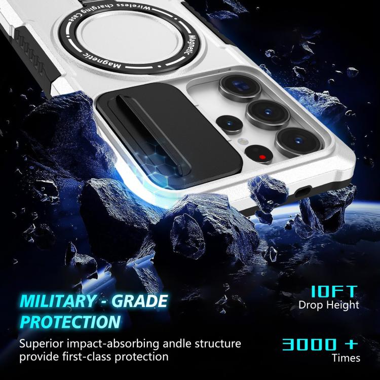 For Samsung Galaxy S25 Ultra 5G Sliding Camshield MagSafe Holder TPU Hybrid PC Phone Case(Black White) - free shipping - PMC TechLife - Order now!