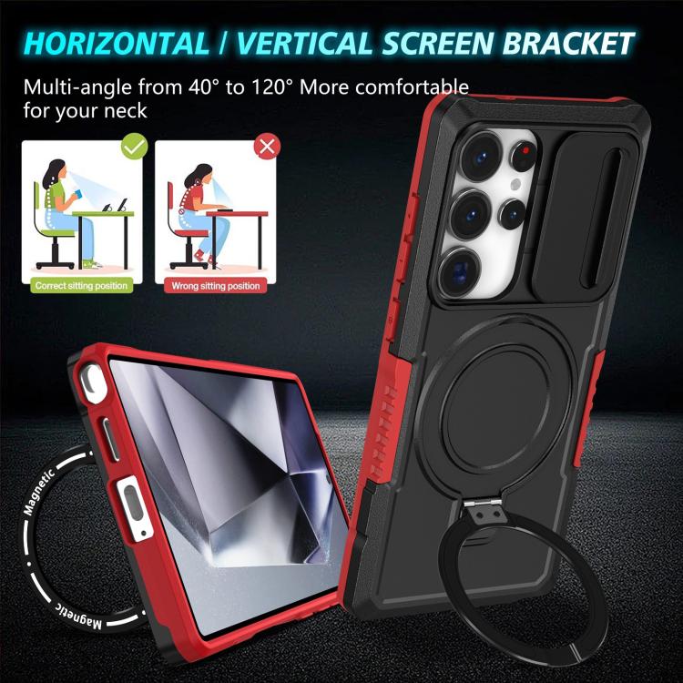 For Samsung Galaxy S25 Ultra 5G Sliding Camshield MagSafe Holder TPU Hybrid PC Phone Case(Black Red) - Galaxy S25 Ultra 5G Cases by PMC TechLife | Online Shopping South Africa | PMC TechLife | Buy Now Pay Later Mobicred