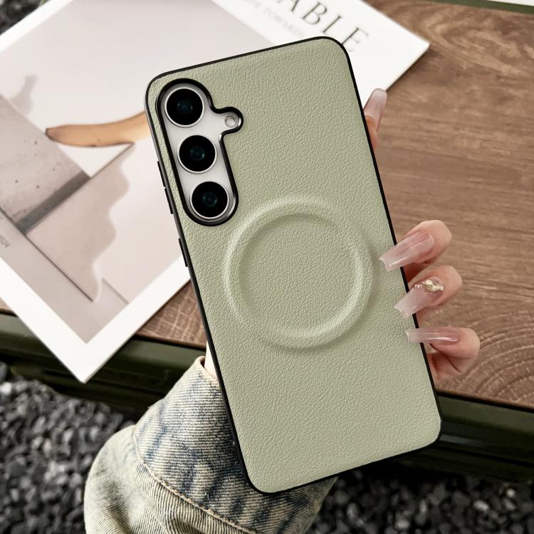 For Samsung Galaxy S25 5G Magsafe Magnetic Plain Leather Phone Case(Light Green) - Galaxy S25 5G Cases by PMC TechLife | Online Shopping South Africa | PMC TechLife | Buy Now Pay Later Mobicred