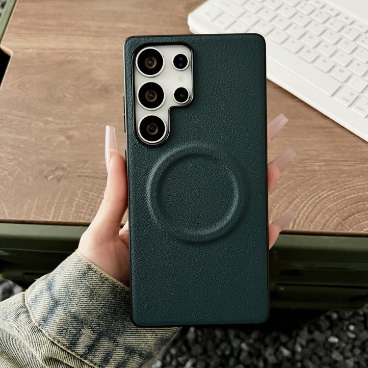 For Samsung Galaxy S25 Ultra 5G Magsafe Magnetic Plain Leather Phone Case(Dark Green) - Galaxy S25 Ultra 5G Cases by PMC TechLife | Online Shopping South Africa | PMC TechLife | Buy Now Pay Later Mobicred
