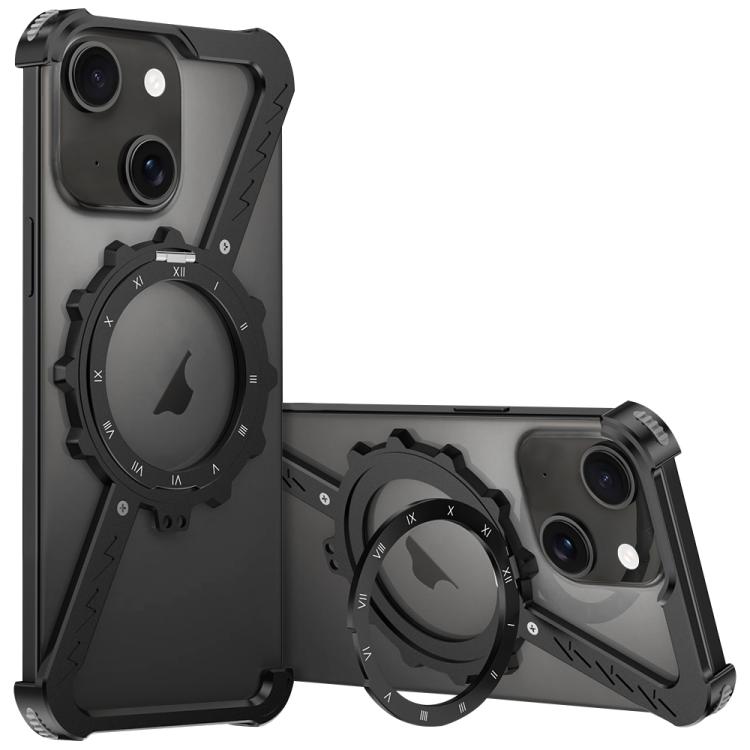 For iPhone 15 Z-shaped Frameless Metal 360 Holder MagSafe Phone Case(Black) - iPhone 15 Cases by PMc TechLife | Online Shopping South Africa | PMc TechLife | Buy Now Pay Later Mobicred
