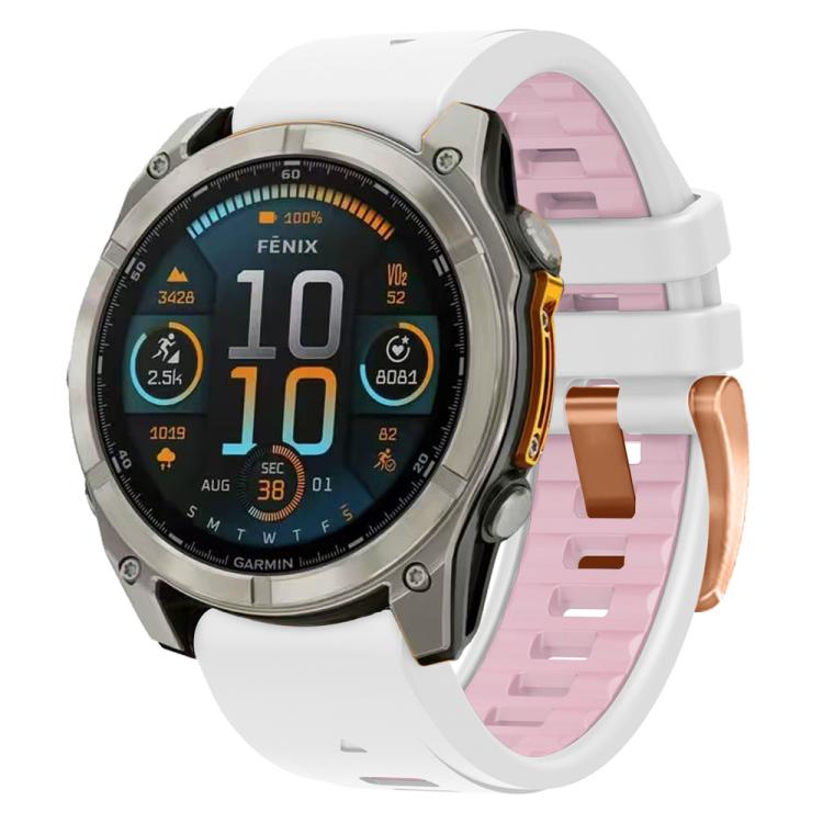 For Garmin Fenix 8 AMOLED 43mm Rose Gold Steel Buckle Quick Release Silicone Watch Band(White Pink) - free shipping - PMC TechLife - Order now!