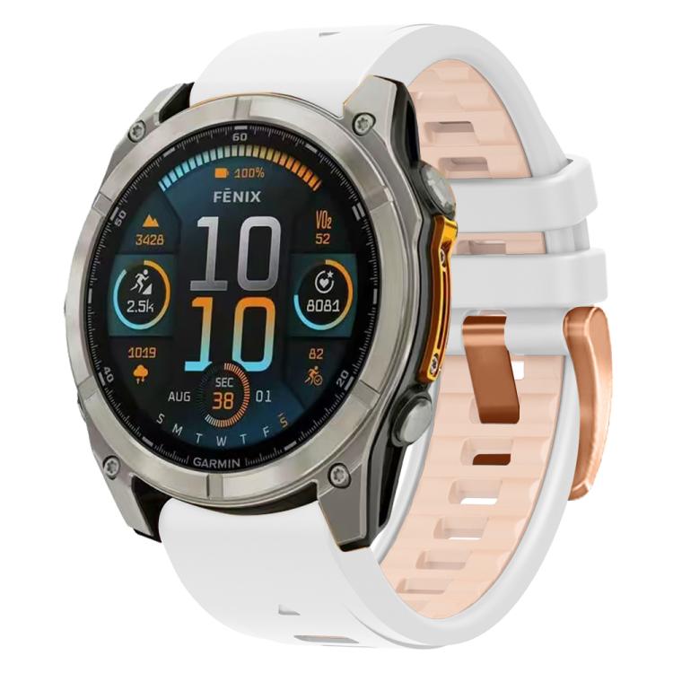 For Garmin Fenix 8 AMOLED 43mm Rose Gold Steel Buckle Quick Release Silicone Watch Band(White Khaki) - free shipping - PMC TechLife - Order now!