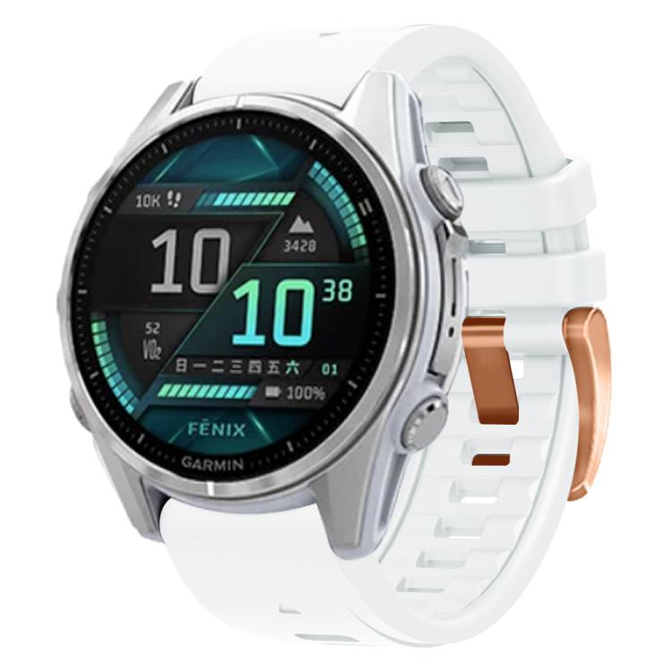 For Garmin Fenix 8 AMOLED 43mm Rose Gold Steel Buckle Quick Release Silicone Watch Band(White) - free shipping - PMC TechLife - Order now!