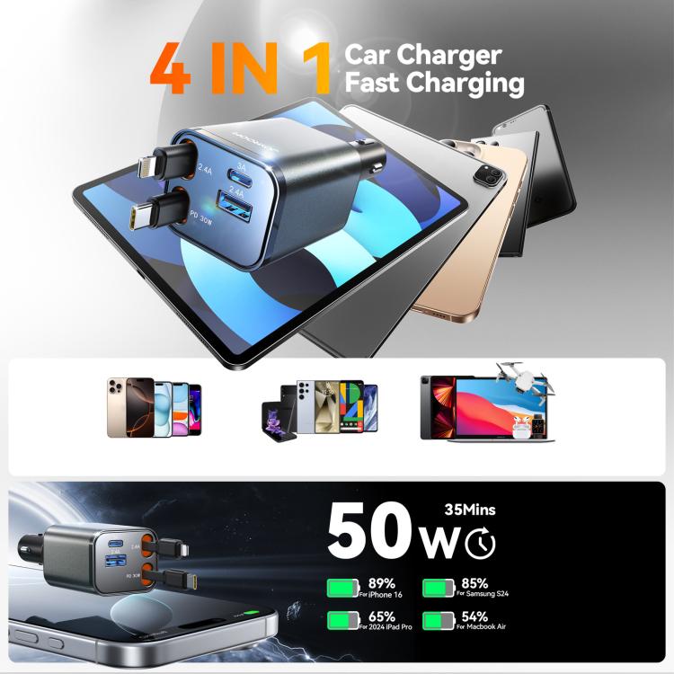 JOYROOM CCL05 4 in 1 Retractable Cable Car Charger(Dark Gray) - Car Charger by JOYROOM | Online Shopping South Africa | PMc TechLife | Buy Now Pay Later Mobicred