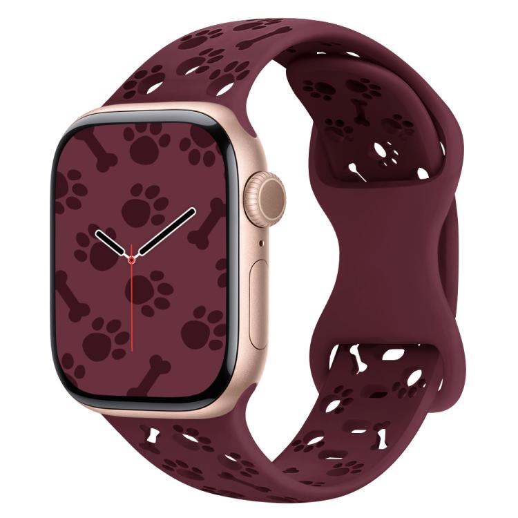 For Apple Watch 46mm / 49mm / 45mm / 44mm Dog Paw Bones Butterfly Buckle Silicone Watch Band(Wine Red) - free shipping - PMc TechLife - Order now!