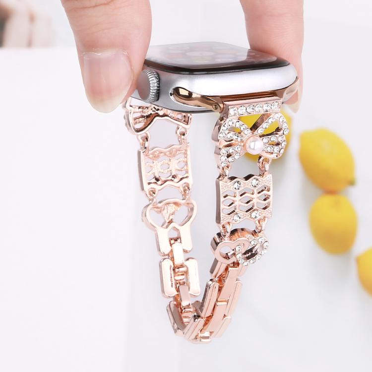 For Apple Watch 46mm / 49mm / 45mm / 44mm Bow Jewelry Buckle Stainless Steel Watch Band(Gold) - free shipping - PMc TechLife - Order now!
