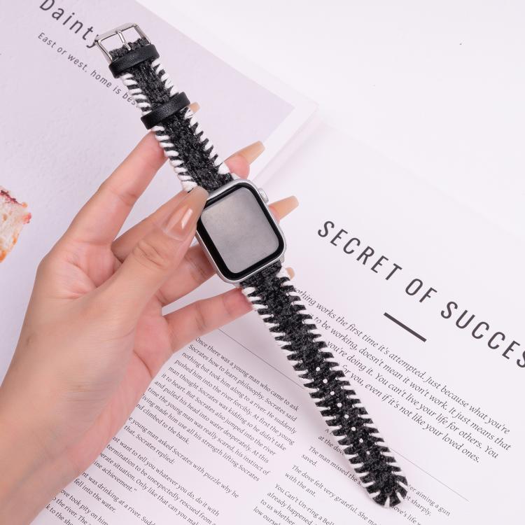 For Apple Watch 46mm / 49mm / 45mm / 44mm Retro Stitched Wool Genuine Leather Watch Band(Black) - free shipping - PMc TechLife - Order now!