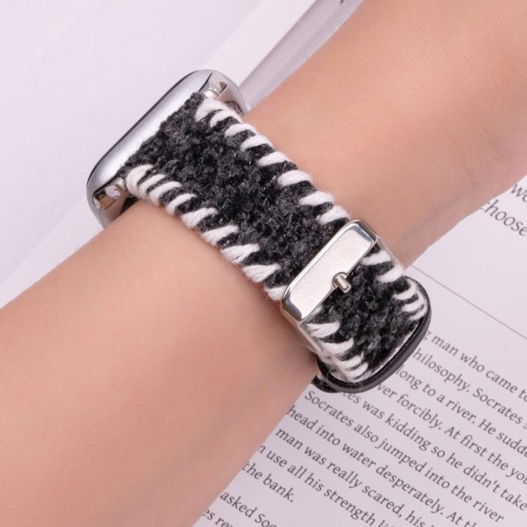For Apple Watch 46mm / 49mm / 45mm / 44mm Retro Stitched Wool Genuine Leather Watch Band(Black) - free shipping - PMc TechLife - Order now!