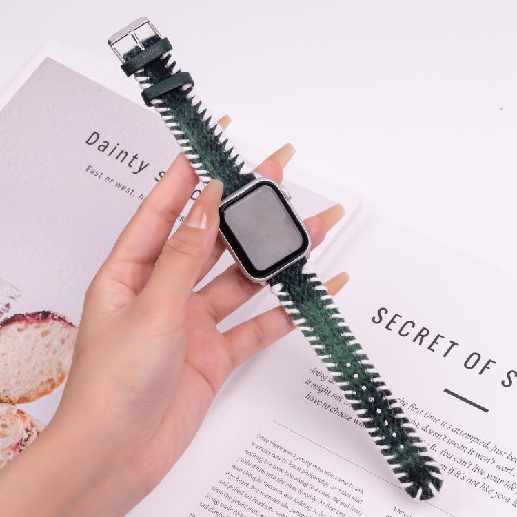 For Apple Watch 46mm / 49mm / 45mm / 44mm Retro Stitched Wool Genuine Leather Watch Band(Green) - free shipping - PMc TechLife - Order now!