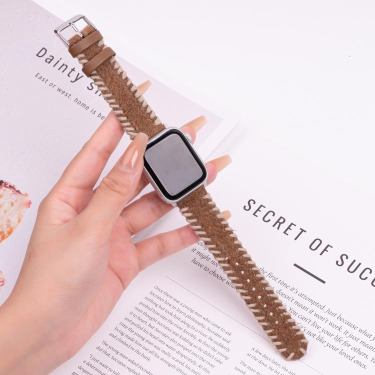 For Apple Watch 46mm / 49mm / 45mm / 44mm Retro Stitched Wool Genuine Leather Watch Band(Beige Brown) - free shipping - PMc TechLife - Order now!