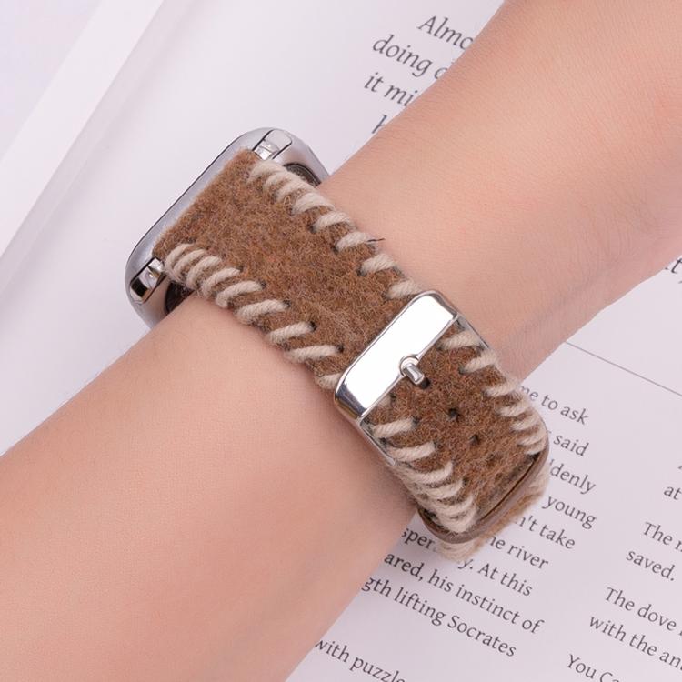 For Apple Watch 46mm / 49mm / 45mm / 44mm Retro Stitched Wool Genuine Leather Watch Band(Beige Brown) - free shipping - PMc TechLife - Order now!