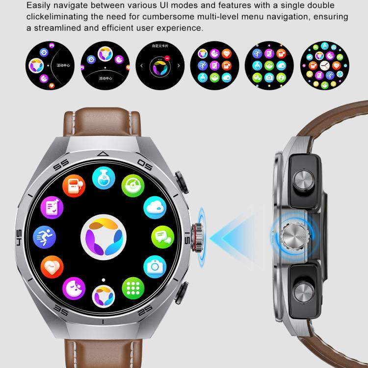 GT97 1.53 inch Round Screen 2 in 1 Bluetooth Earphone Leather Strap Smart Watch Supports Bluetooth Calls(Silver) - free shipping - PMC TechLife - Order now!