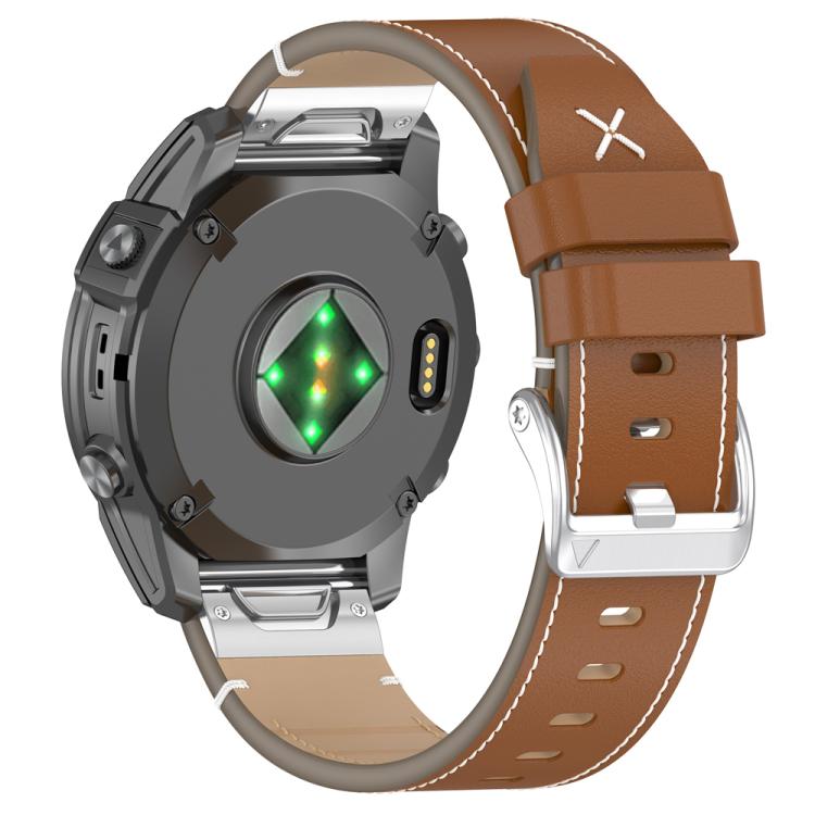 For Garmin Watch 26mm Stitched Genuine Leather Quick Release Watch Band(Brown Silver) - free shipping - PMC TechLife - Order now!
