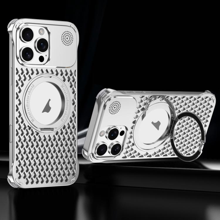 For iPhone 16 Pro Max R-JUST RJ-64 Aromatherapy Heat Dissipation MagSafe Phone Case with Stand(Silver) - free shipping - PMc TechLife - Order now!