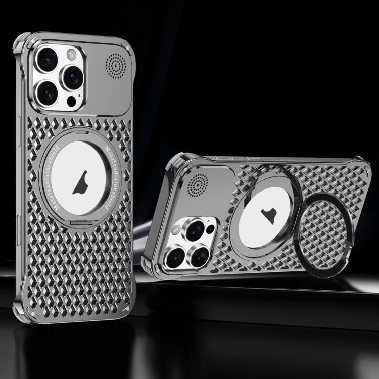 For iPhone 15 Pro R-JUST RJ-64 Aromatherapy Heat Dissipation MagSafe Phone Case with Stand(Grey) - free shipping - PMc TechLife - Order now!