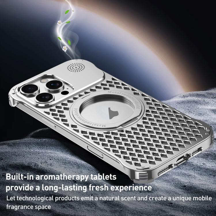 For iPhone 14 Pro R-JUST RJ-64 Aromatherapy Heat Dissipation MagSafe Phone Case with Stand(Silver) - free shipping - PMc TechLife - Order now!