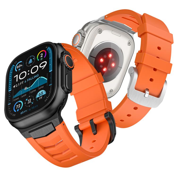 For Apple Watch Ultra / Ultra 2 49mm Stainless Steel Buckle Fluororubber Watch Band(Orange Black) - free shipping - PMC TechLife - Order now!
