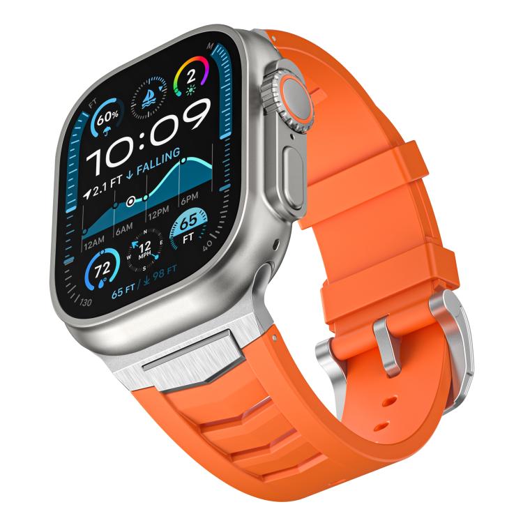 For Apple Watch Ultra / Ultra 2 49mm Stainless Steel Buckle Fluororubber Watch Band(Orange Silver) - free shipping - PMC TechLife - Order now!