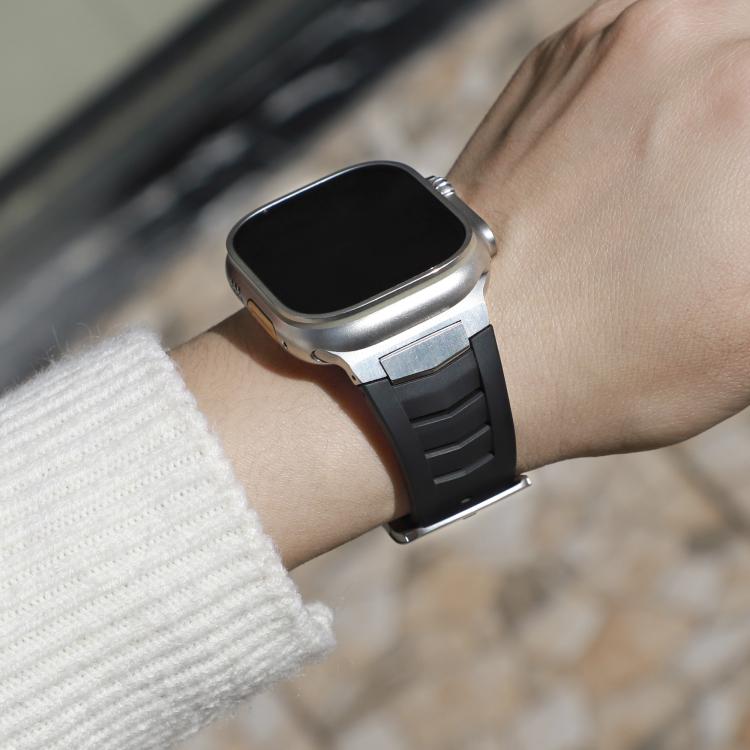 For Apple Watch Ultra / Ultra 2 49mm Stainless Steel Buckle Fluororubber Watch Band(Black Silver) - free shipping - PMC TechLife - Order now!