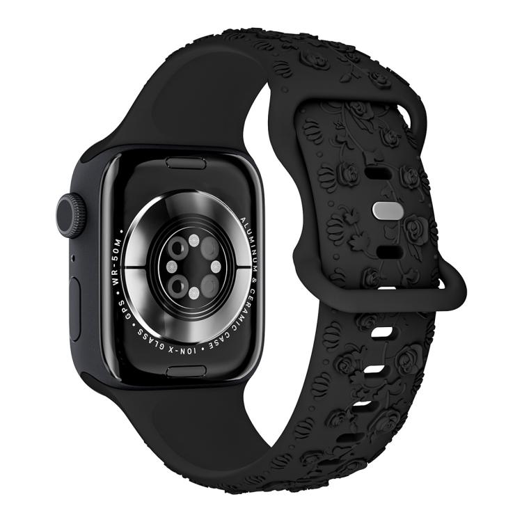 For Apple Watch 46mm / 49mm / 45mm / 44mm Embossed 3D Rose Flower Silicone Watch Band(Black) - free shipping - PMc TechLife - Order now!