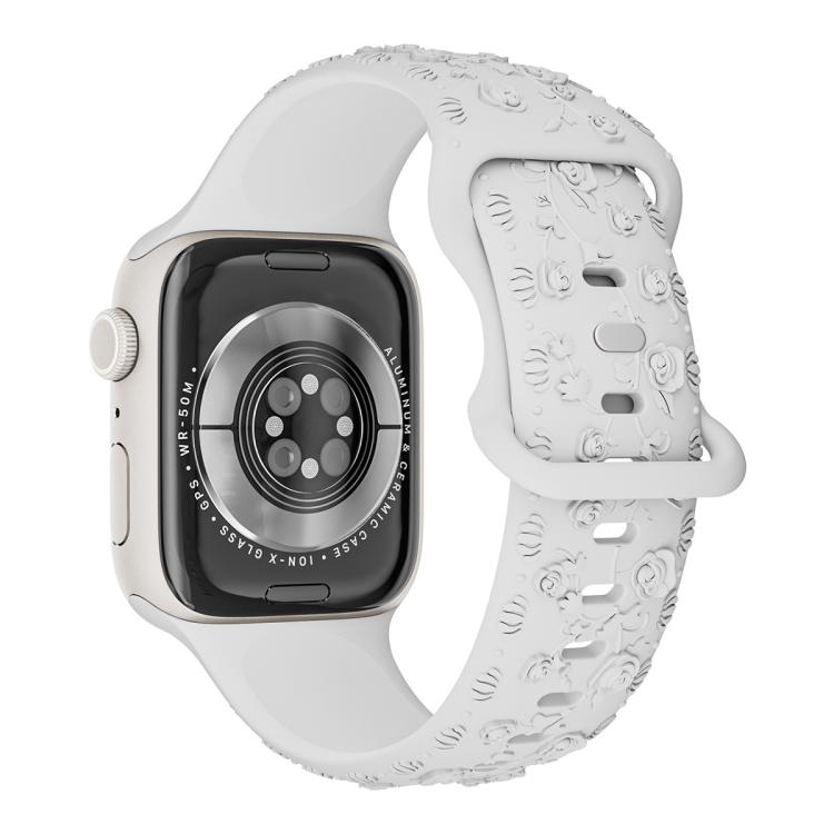 For Apple Watch 42mm / 41mm / 40mm / 38mm Embossed 3D Rose Flower Silicone Watch Band(White) - free shipping - PMc TechLife - Order now!