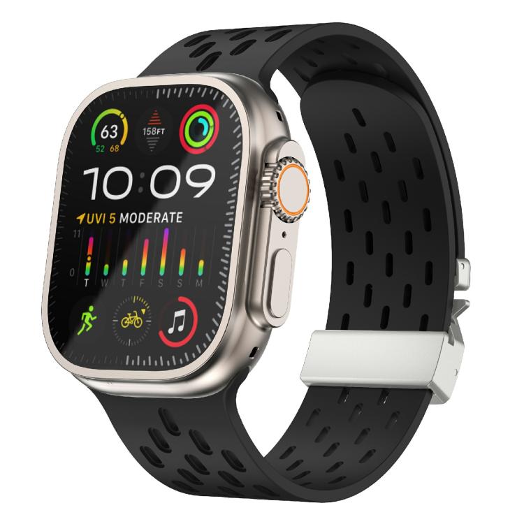 For Apple Watch 46mm / 49mm / 45mm / 44mm Kalebol Mesh Silver Umbrella Buckle Silicone Strap(Black) - free shipping - PMC TechLife - Order now!