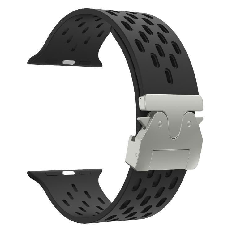 For Apple Watch 46mm / 49mm / 45mm / 44mm Kalebol Mesh Silver Umbrella Buckle Silicone Strap(Black) - free shipping - PMC TechLife - Order now!