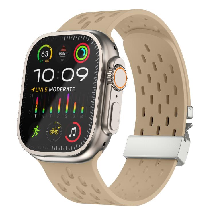 For Apple Watch 46mm / 49mm / 45mm / 44mm Kalebol Mesh Silver Umbrella Buckle Silicone Strap(Milk Tea) - free shipping - PMC TechLife - Order now!