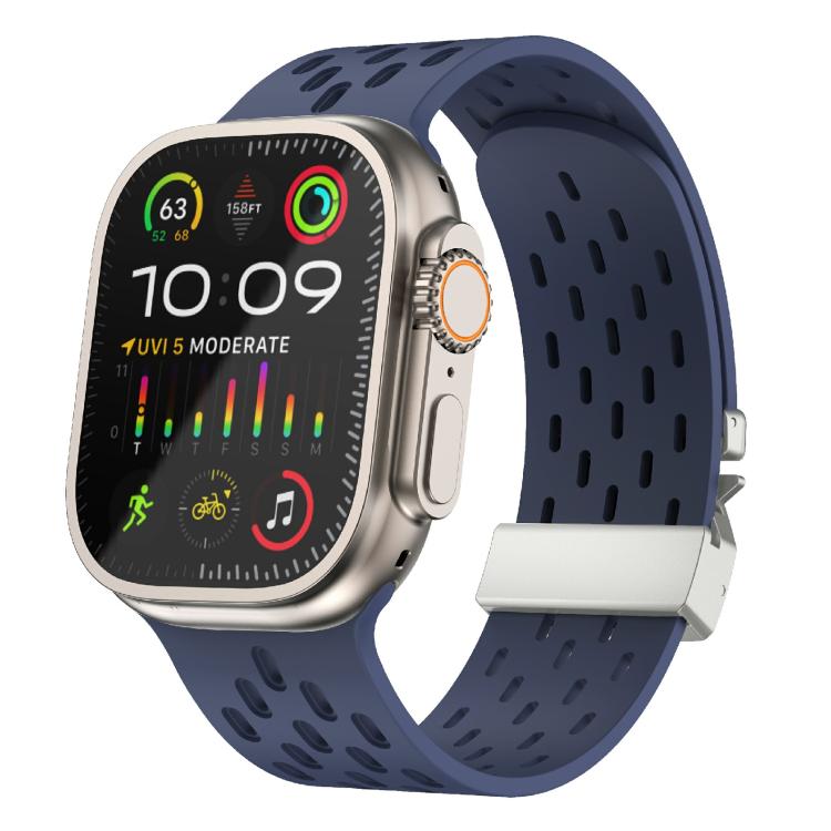 For Apple Watch 46mm / 49mm / 45mm / 44mm Kalebol Mesh Silver Umbrella Buckle Silicone Strap(Midnight Blue) - free shipping - PMC TechLife - Order now!