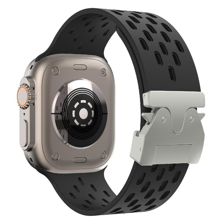 For Apple Watch 42mm / 41mm / 40mm / 38mm Kalebol Mesh Silver Umbrella Buckle Silicone Strap(Black) - free shipping - PMC TechLife - Order now!