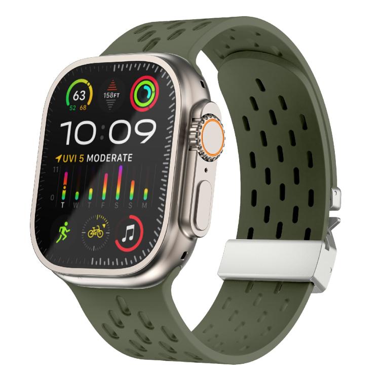 For Apple Watch 42mm / 41mm / 40mm / 38mm Kalebol Mesh Silver Umbrella Buckle Silicone Strap(Army Green) - free shipping - PMC TechLife - Order now!