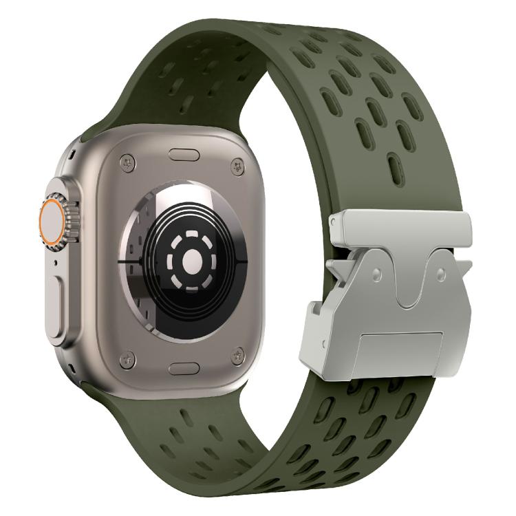 For Apple Watch 42mm / 41mm / 40mm / 38mm Kalebol Mesh Silver Umbrella Buckle Silicone Strap(Army Green) - free shipping - PMC TechLife - Order now!