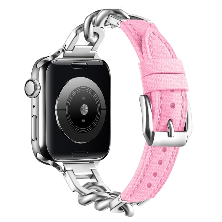 For Apple Watch 46mm / 49mm / 45mm / 44mm Metal Chain Leather Denim Watch Band(Pink) - free shipping - PMc TechLife - Order now!