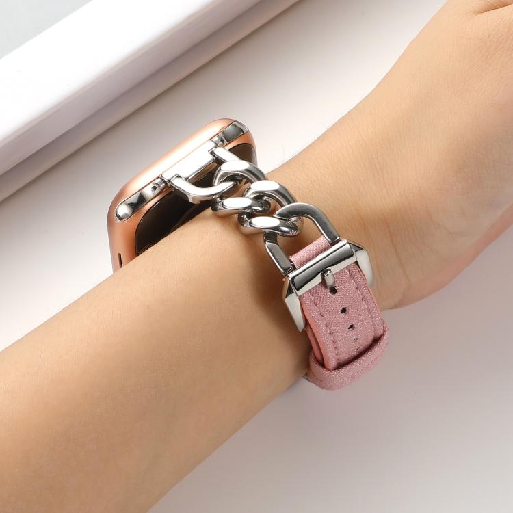 For Apple Watch 46mm / 49mm / 45mm / 44mm Metal Chain Leather Denim Watch Band(Pink) - free shipping - PMc TechLife - Order now!