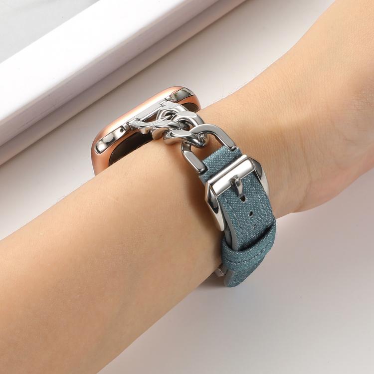 For Apple Watch 46mm / 49mm / 45mm / 44mm Metal Chain Leather Denim Watch Band(Blue) - free shipping - PMc TechLife - Order now!