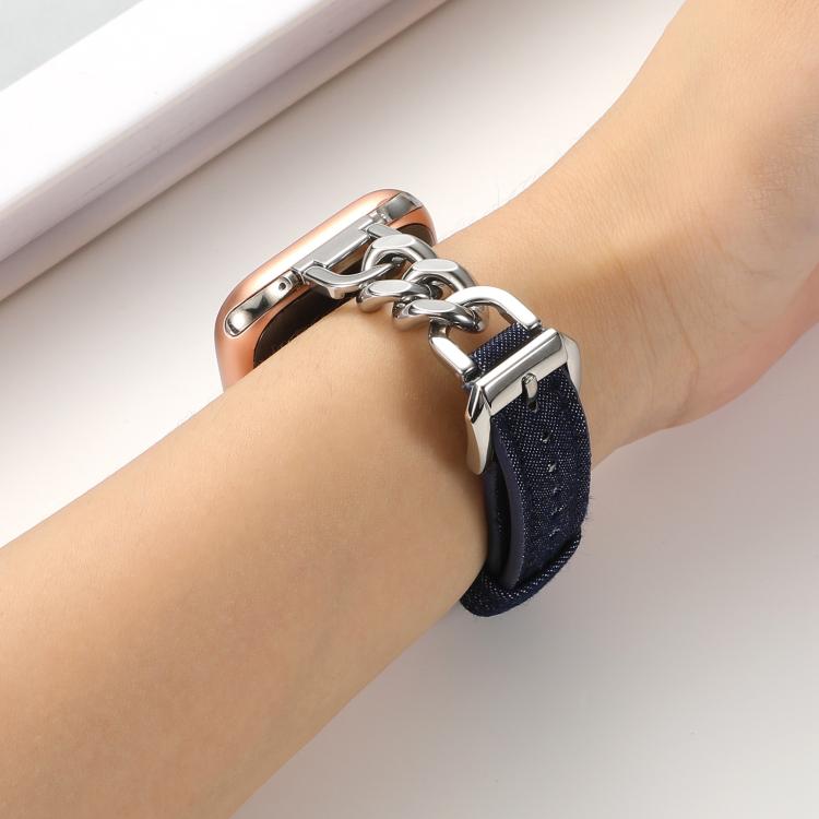 For Apple Watch 46mm / 49mm / 45mm / 44mm Metal Chain Leather Denim Watch Band(Dark Blue) - free shipping - PMc TechLife - Order now!