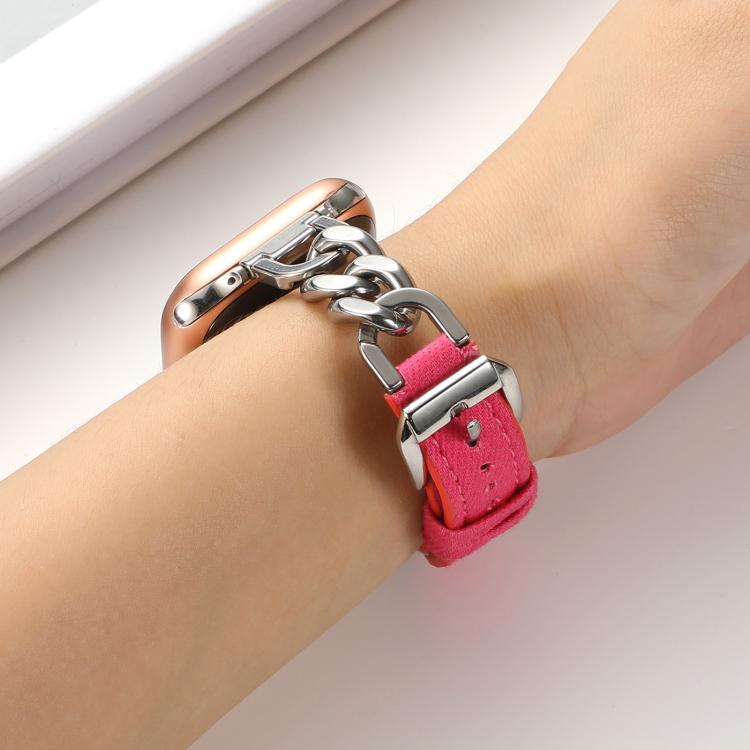 For Apple Watch 46mm / 49mm / 45mm / 44mm Metal Chain Leather Denim Watch Band(Peach Red) - free shipping - PMc TechLife - Order now!