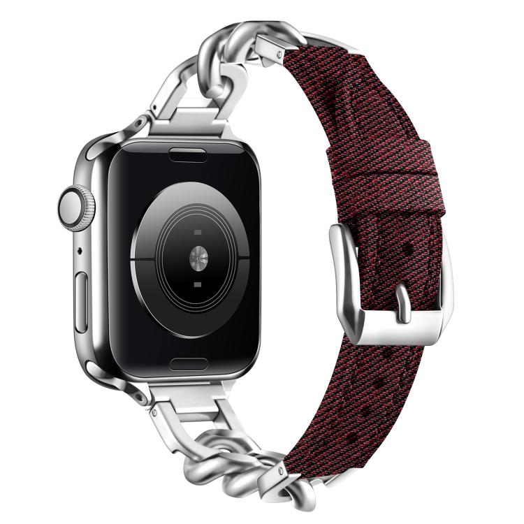For Apple Watch 46mm / 49mm / 45mm / 44mm Metal Chain Leather Denim Watch Band(Ochre Red) - free shipping - PMc TechLife - Order now!