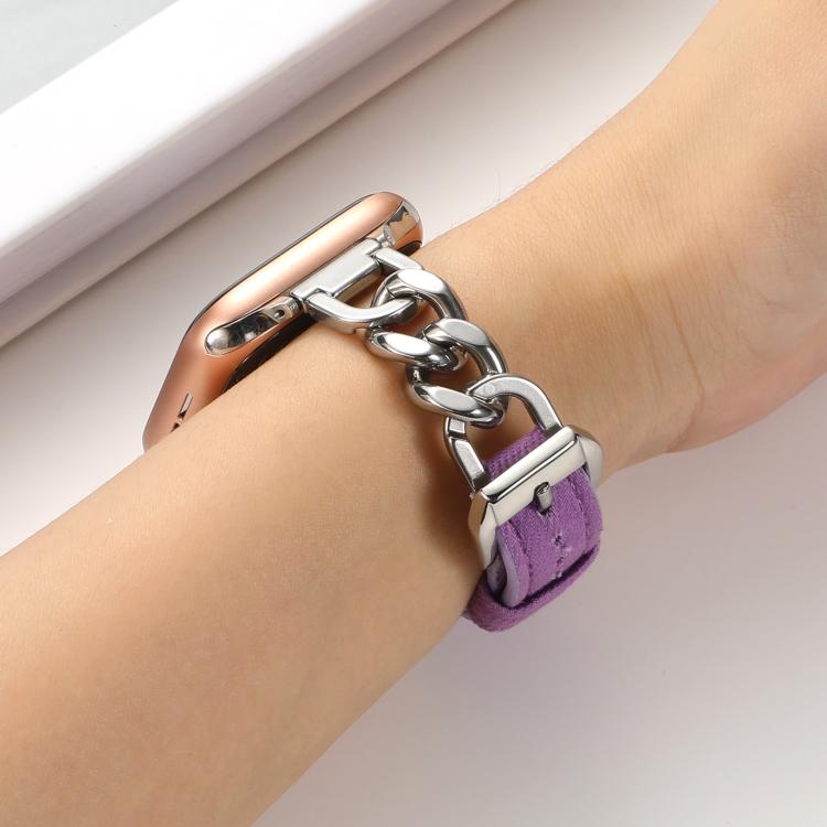 For Apple Watch 46mm / 49mm / 45mm / 44mm Metal Chain Leather Denim Watch Band(Purple) - free shipping - PMc TechLife - Order now!