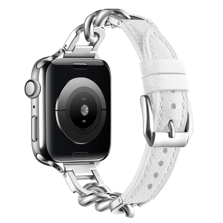 For Apple Watch 42mm / 41mm / 40mm / 38mm Metal Chain Leather Denim Watch Band(White) - free shipping - PMc TechLife - Order now!