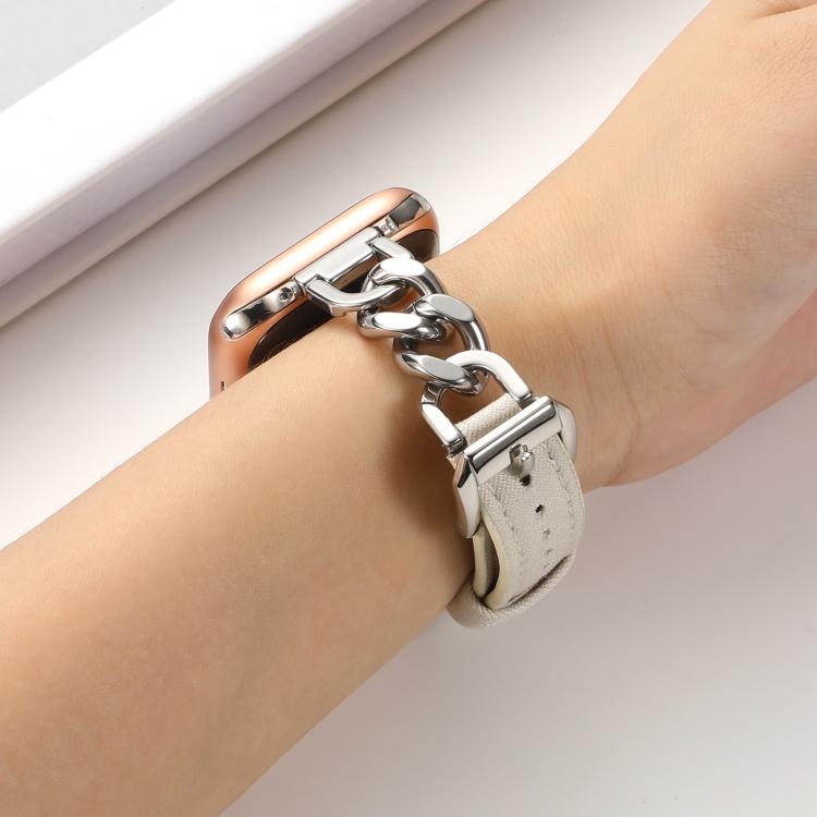 For Apple Watch 42mm / 41mm / 40mm / 38mm Metal Chain Leather Denim Watch Band(White) - free shipping - PMc TechLife - Order now!