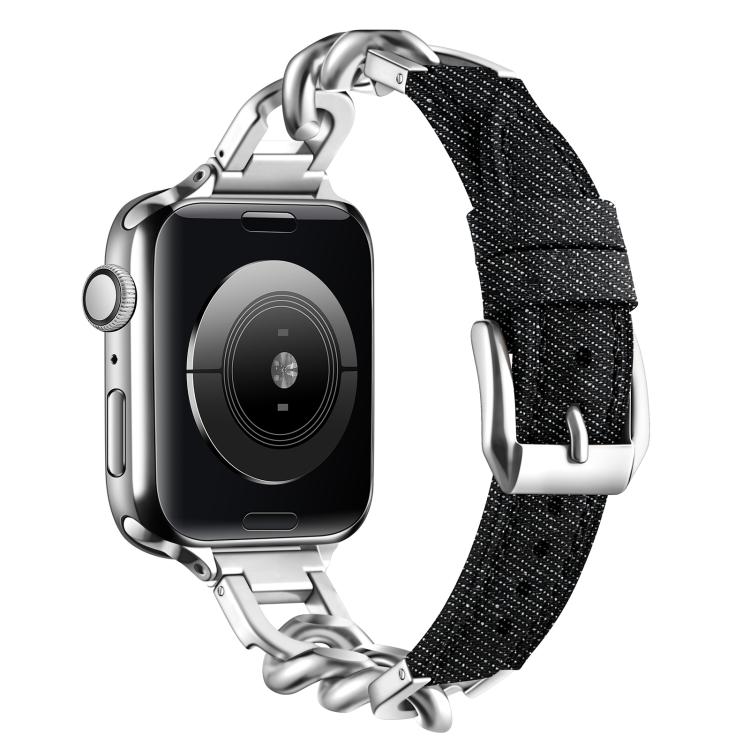 For Apple Watch 42mm / 41mm / 40mm / 38mm Metal Chain Leather Denim Watch Band(Black) - free shipping - PMc TechLife - Order now!