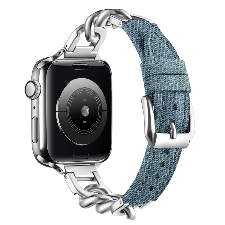 For Apple Watch 42mm / 41mm / 40mm / 38mm Metal Chain Leather Denim Watch Band(Blue) - free shipping - PMc TechLife - Order now!